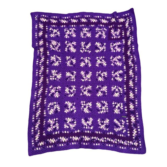 Retro Granny Square Crochet Afghan Blanket Throw 55"X42" Purple Squares, Vintage - Picture 5 of 6